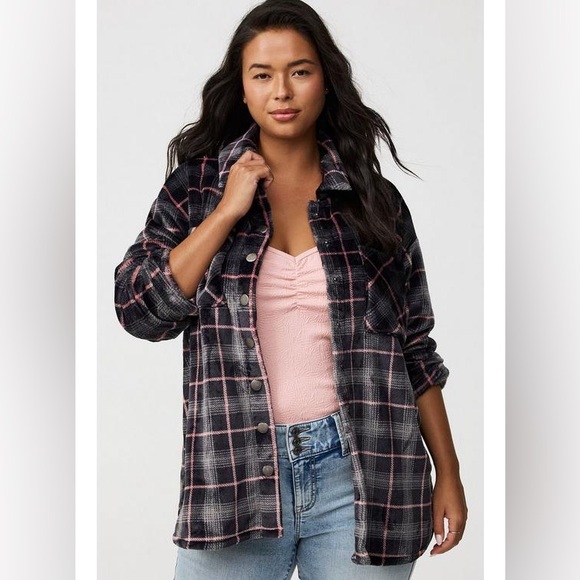 torrid | Jackets & Coats | Torrid Snap Front Cozy Black And Pink Plaid ...